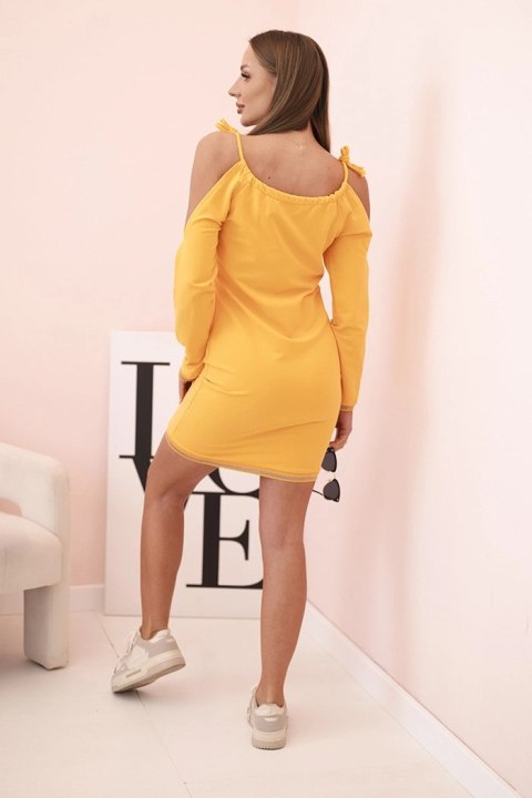 Sukienka damska bawełniana z odkrytymi ramionami i napisem OFFLINE musztardowa