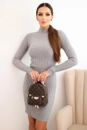Sukienka damska wiskozowa prążkowana z długim rękawem i stójką szara