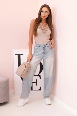 Bluzka damska bawełniana bez rękawów z falbaną beżowa