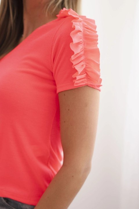 Bluzka damska bawełniana na jedno ramię z falbanką różowy neon