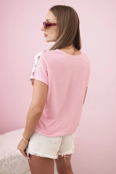 Bluzka damska bawełniana z krótkim rękawem i kwiatowym nadrukiem jasno różowa