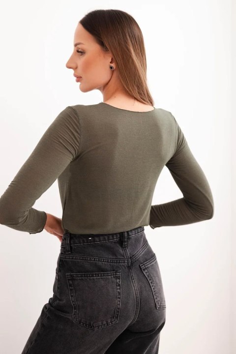 Bluzka damska z kaszmiru z okrągłym dekoltem i długim rękawem khaki