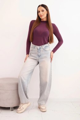 Bluzka z kaszmiru damska z delikatnym golfem i długim rękawem śliwkowa