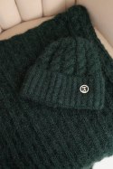 Komplet damski czapka i szalik prążkowany z ozdobą ciemno zielony