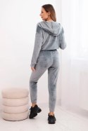 Komplet damski welurowy z bluzą na zamek i spodniami ze ściągaczem szary