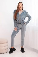Komplet damski welurowy z bluzą na zamek i spodniami ze ściągaczem szary