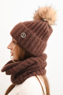 Komplet damski zimowy z pomponem i komin brązowy