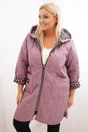 Kurtka damska zimowa pikowana Plus Size z podszewką w panterkę i kapturem ciemno różowa