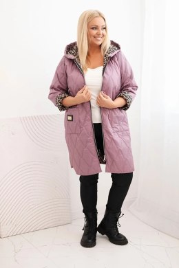Kurtka damska zimowa pikowana Plus Size z podszewką w panterkę i kapturem ciemno różowa