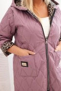 Kurtka damska zimowa pikowana Plus Size z podszewką w panterkę i kapturem ciemno różowa
