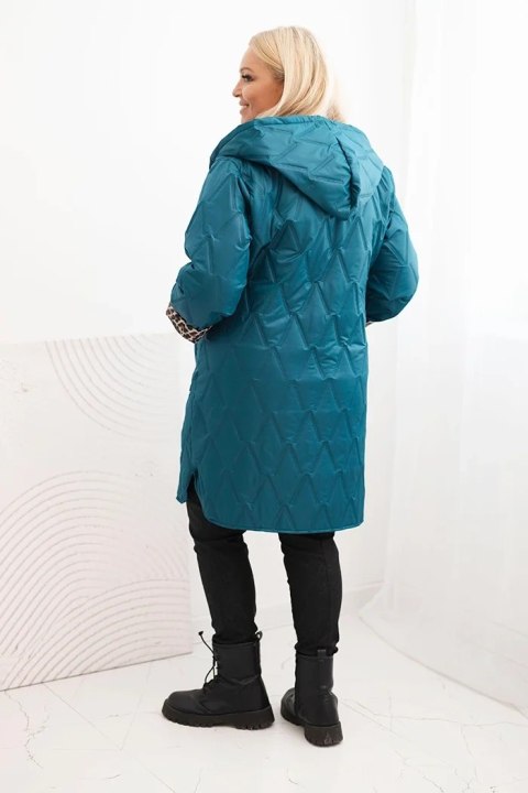 Kurtka damska zimowa pikowana Plus Size z podszewką w panterkę i kapturem morska