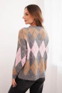 Sweter damski z ażurem i okrągłym dekoltem w romby z wełną szary