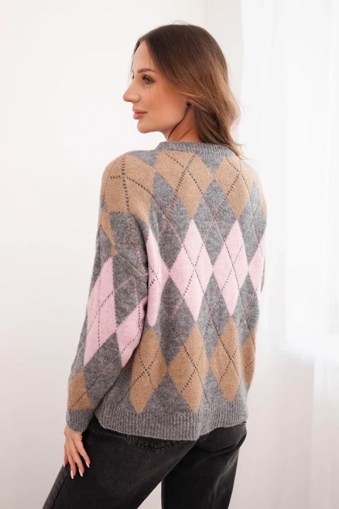 Sweter damski z ażurem i okrągłym dekoltem w romby z wełną szary