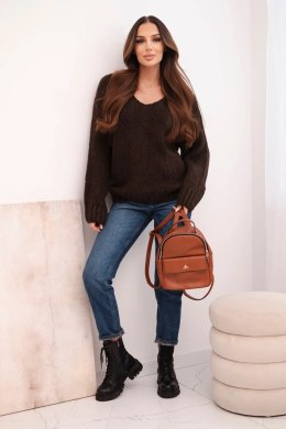 Sweter damski z domieszką wełny z dekoltem V brązowy