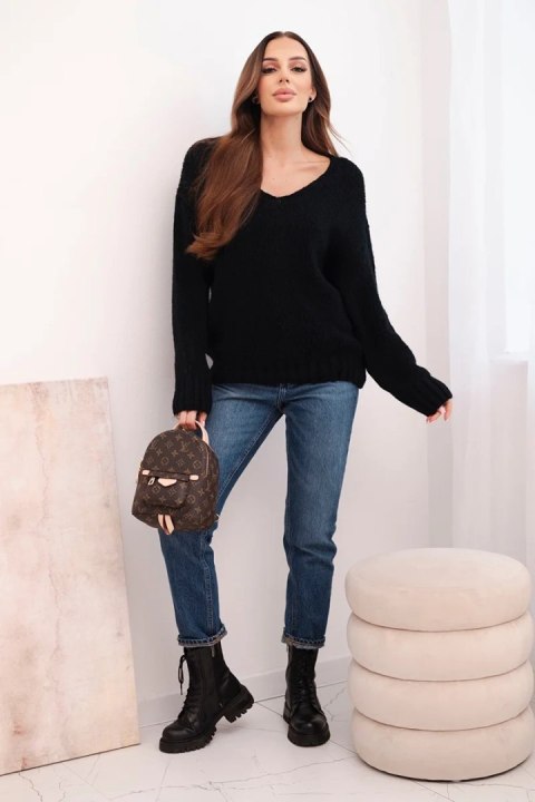 Sweter damski z domieszką wełny z dekoltem V czarny