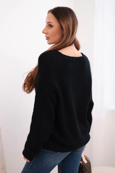 Sweter damski z domieszką wełny z dekoltem V czarny