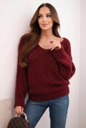 Sweter damski z domieszką wełny z dekoltem V, bordowy
