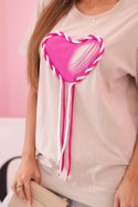T-shirt damska bawełniana oversize z sercem i frędzlami beżowa
