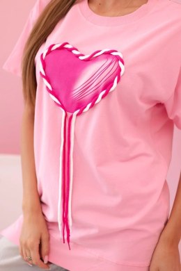 T-shirt damska bawełniana oversize z sercem i frędzlami jasno różowa