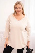 Bluzka damska bawełniana Plus Size z dekoltem V i podwijanym rękawem beżowa