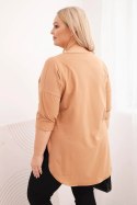 Bluzka damska bawełniana Plus Size z dekoltem V i podwijanym rękawem camelowa