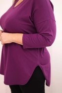 Bluzka damska bawełniana Plus Size z dekoltem V i podwijanym rękawem ciemno fioletowa