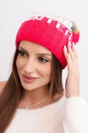 Czapka damska zimowa z wełną i napisem z dużym pomponem K422 fuksja
