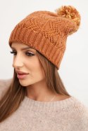 Czapka damska zimowa z wełną w ozdobny splot z pomponem K467 brązowa