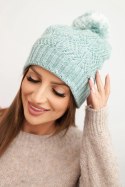 Czapka damska zimowa z wełną w ozdobny splot z pomponem K467 ciemno miętowa