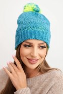 Czapka damska zimowa z wełną w ozdobny splot z pomponem K467 jeansowa