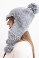 Czapka damska zimowa z wełną z daszkiem i pomponami K475 ciemno szara
