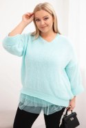Komplet damski sweter z dekoltem V i bluzka wiskozowa z koronkowym dołem miętowy
