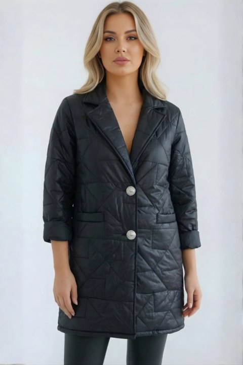 Kurtka damska Plus Size pikowana z ozdobnymi guzikami i kołnierzem czarna