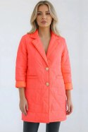 Kurtka damska Plus Size pikowana z ozdobnymi guzikami i kołnierzem różowy neon