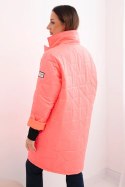 Kurtka damska Plus Size pikowana z ozdobnymi guzikami i kołnierzem różowy neon