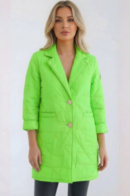 Kurtka damska Plus Size pikowana z ozdobnymi guzikami i kołnierzem zielony neon