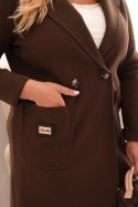 Płaszcz damski elegancki Plus Size z kołnierzem i dużymi kieszeniami brązowy