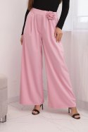 Spodnie damskie eleganckie z szeroką nogawką i ozdobnym kwiatem cukierkowy róż