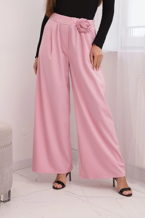 Spodnie damskie eleganckie z szeroką nogawką i ozdobnym kwiatem cukierkowy róż