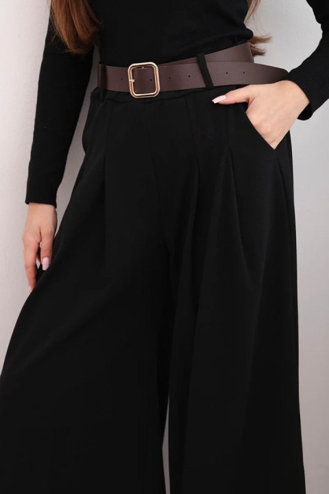 Spodnie damskie z szeroką nogawką i paskiem czarne