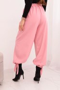 Spodnie damskie z szeroką nogawką i wiązaniem u dołu jasno różowe