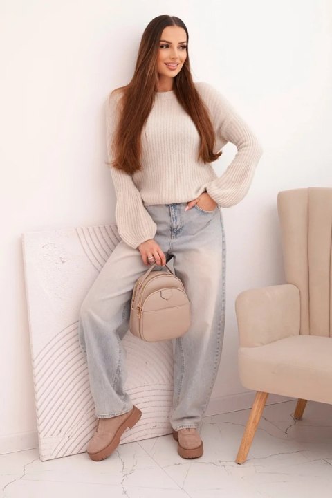 Sweter damski z baby alpaki z bufiastymi rękawami beżowy