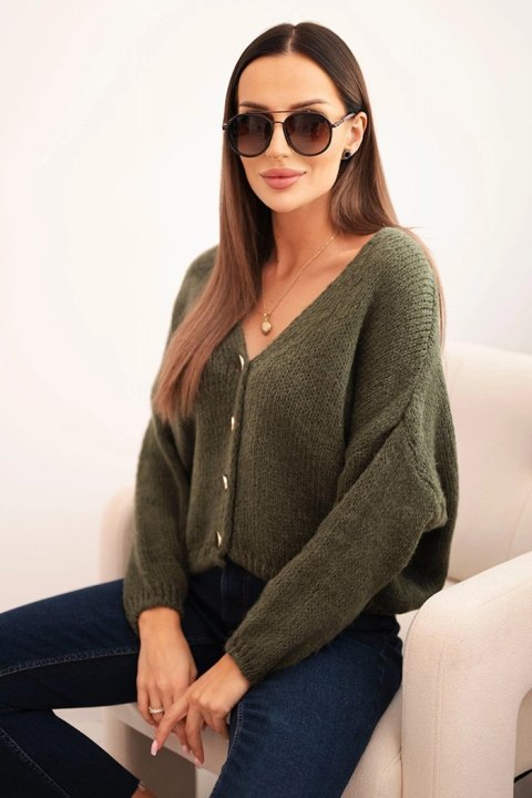 Sweter damski z dekoltem V i guzikami khaki