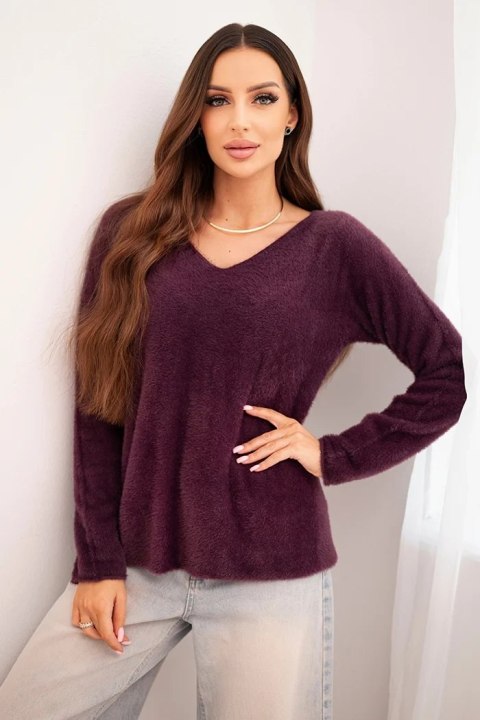 Sweter damski z miękkiej dzianiny z dekoltem V śliwkowy