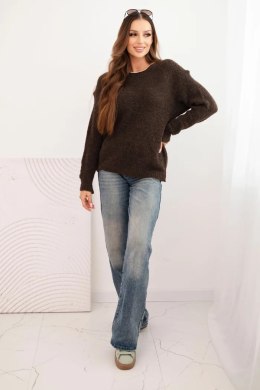 Sweter damski z wełną z długim rękawem i okrągłym dekoltem brązowy