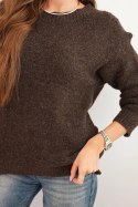 Sweter damski z wełną z długim rękawem i okrągłym dekoltem brązowy