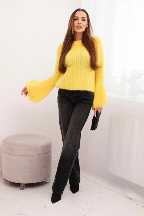 Sweter damski z moheru z bufiastymi rękawami żółty