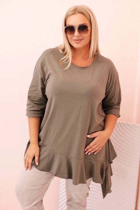 Bluzka damska Plus Size z bawełną z falbaną i rękawem podwijanym khaki