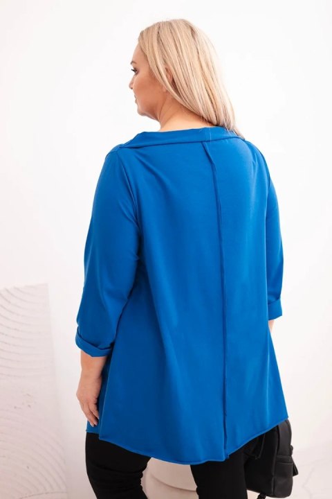 Bluzka damska bawełniana Plus Size asymetryczna z podwijanym rękawem chabrowa