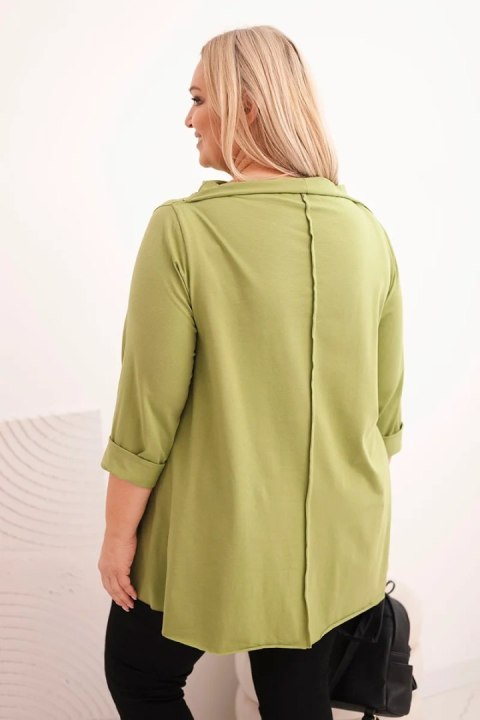 Bluzka damska bawełniana Plus Size asymetryczna z podwijanym rękawem oliwkowa